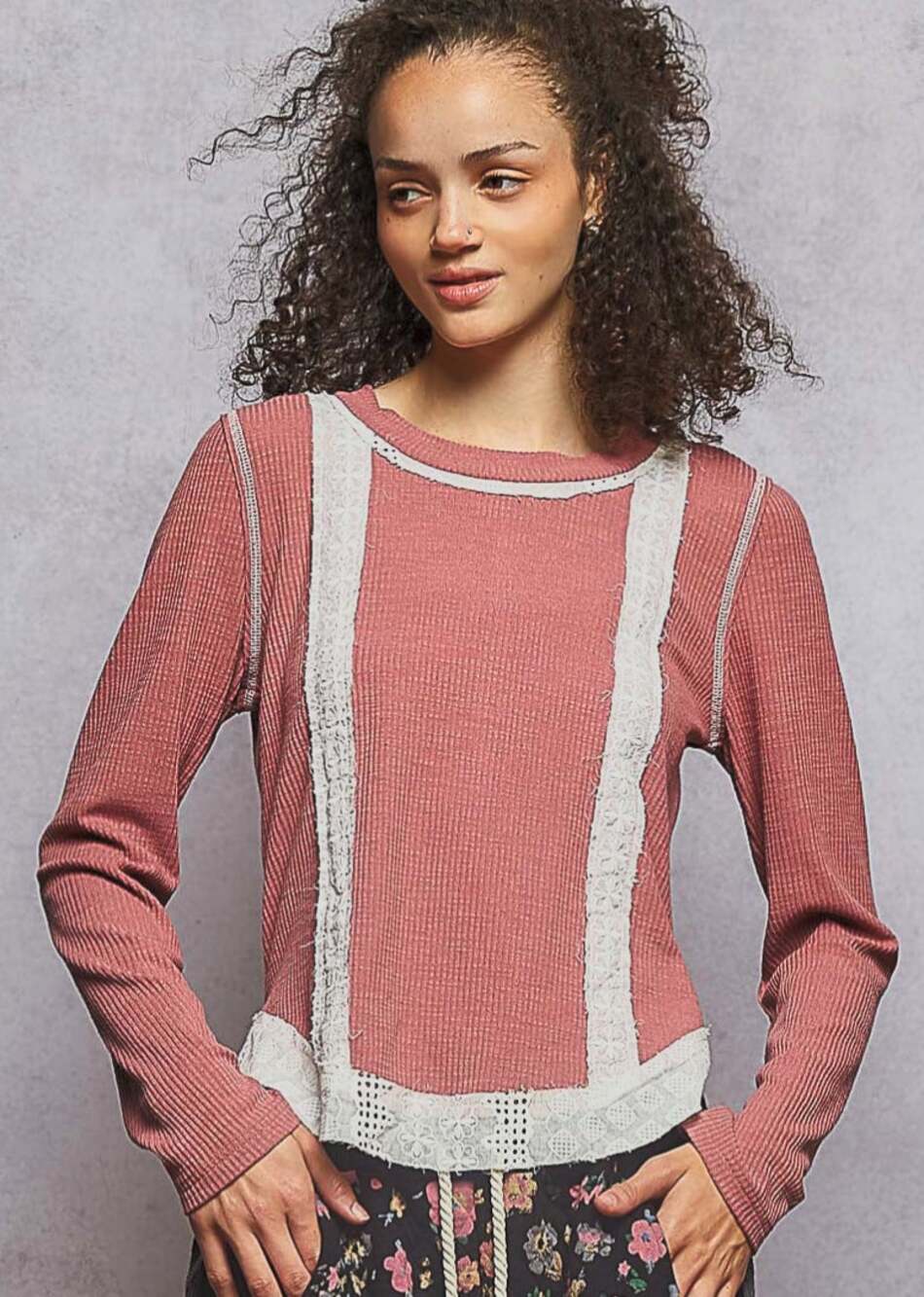 POL Mauve Pink Ribbed Eyelet Lace Long Sleeve Top L - Romantic Vintage Inspired